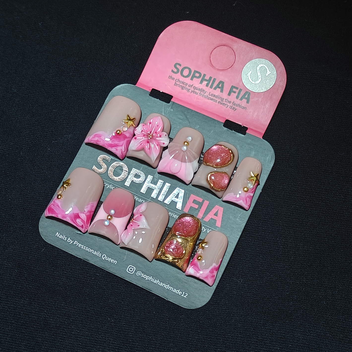 Medium Square Press On Nails Nude Pink Watercolor Ink Swirl, 3D Pink Cherry Blossom Flower, Gold Star Studs Glitter Flakes Pearl Elegant Korean Handmade False Nails