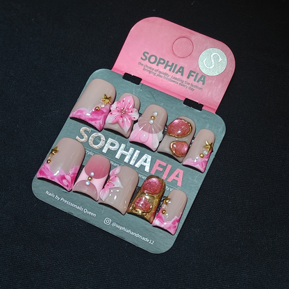 Medium Square Press On Nails Nude Pink Watercolor Ink Swirl, 3D Pink Cherry Blossom Flower, Gold Star Studs Glitter Flakes Pearl Elegant Korean Handmade False Nails