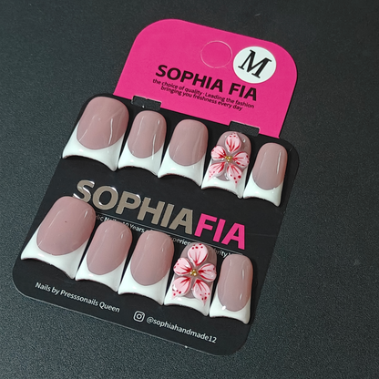 Minimal Sweet Short Square Press On Nails Milky Nude Pink Background White Curved French Tip 3D Pink Floral Red‑Spot Petals Gold Bead Center Reusable Acrylic Nail Tips