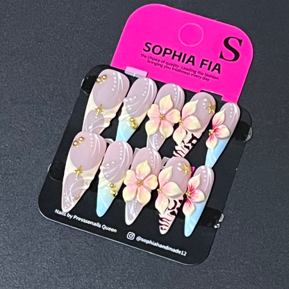 Stiletto Press On Nails Nude Base Baby Blue Cream French Tip, 3D Gradient Pink‑Yellow Flowers, Gold Starfish Bead Charms, Zebra Print Accent Nails Sweet‑Mixed Handmade False Nails