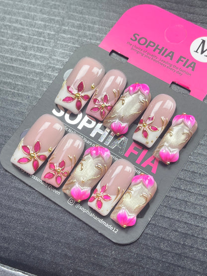 Wedding Banquet Long Square Press On Nails Chinese Style Gold Shimmer 3D Magenta Flower Bud Hand‑Painted Flower Gold Vine Decor Formal Occasion Nail Art
