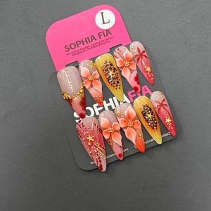 Vintage Warm Tone Chinese Floral Press On Nails Long Pointed Stiletto Shape Nude Red Ombre Gradient 3D Flower Gold Chain & Rhinestone Decor Reusable Acrylic Nails