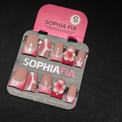Medium Square Press On Nails Nude Pink Gradient French Tip, Geometric Curve Line, 3D Sakura Flower Cherry Blossom, Petal Print Korean Sweet Handmade False Nails