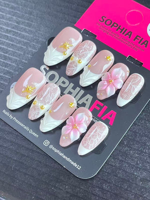 Romantic Bridal Almond Press On Nails Nude Pink White French, 3D Pink Flower, Lace Pattern, Gold Star Charm Reusable Acrylic Nail Set