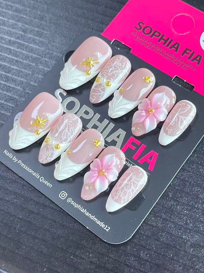 Romantic Bridal Almond Press On Nails Nude Pink White French, 3D Pink Flower, Lace Pattern, Gold Star Charm Reusable Acrylic Nail Set