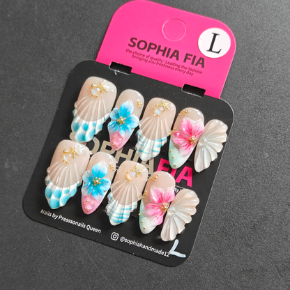 Mermaid Coastal Press On Nails Long Square Shape Transparent Nude Base 3D Raised Shell Texture Blue White Polka Dot Striped Print Carved Blue Pink Flower Gold Jewelry Reusable Acrylic Nail Tips