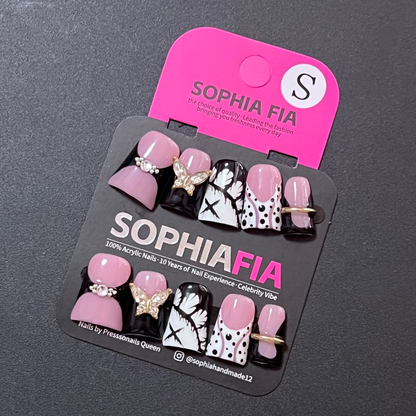 Short Square Press On Nails Pink Black Contrast French Tip, Hand‑Painted Ink Butterfly, Polka Dot V‑Shape French, 3D Crystal Butterfly Charms Pearl & Gold Ring Decor Y2K Gothic Handmade False Nails