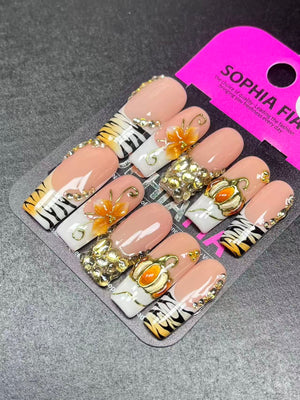 Autumn Pumpkin Press On Nails, Nude Base White French Tips, 3D Pumpkin & Orange Floral, Tiger Print Gold Rhinestone False Nails, Handmade Custom Nails