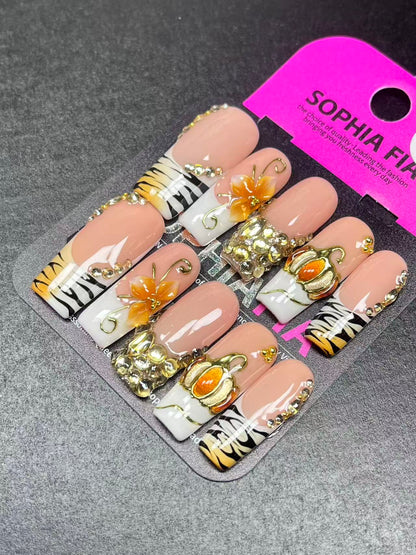Autumn Pumpkin Press On Nails, Nude Base White French Tips, 3D Pumpkin & Orange Floral, Tiger Print Gold Rhinestone False Nails, Handmade Custom Nails