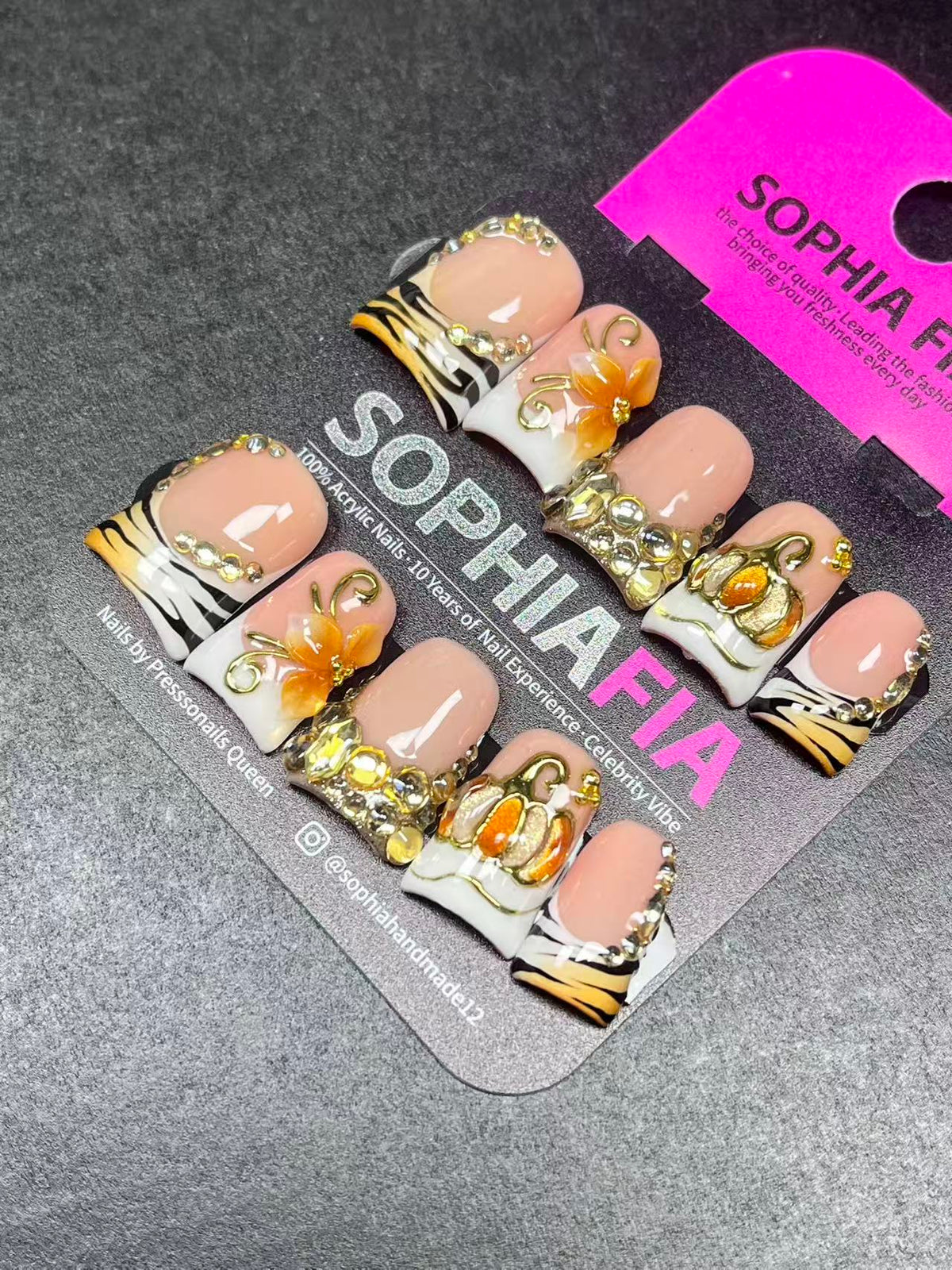Autumn Pumpkin Press On Nails, Nude Base White French Tips, 3D Pumpkin & Orange Floral, Tiger Print Gold Rhinestone False Nails, Handmade Custom Nails