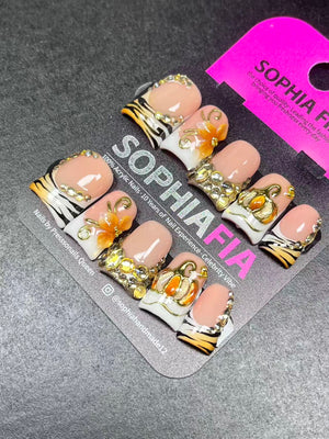 Autumn Pumpkin Press On Nails, Nude Base White French Tips, 3D Pumpkin & Orange Floral, Tiger Print Gold Rhinestone False Nails, Handmade Custom Nails