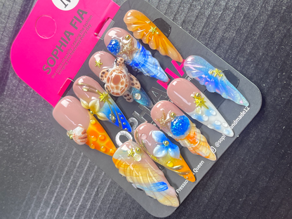 Stiletto Press On Nails Nude Base Tropical Ocean Theme, 3D Sculpted Sea Turtle Shell Conch Relief, Blue Orange Sunset Gradient, Gold Starfish Metal Lines Blue Glitter Pearl Charms Beach Handmade False Nails