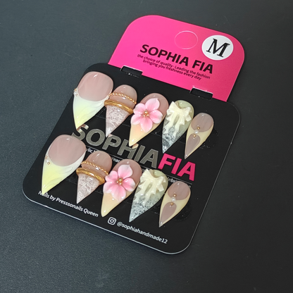 Stiletto Press On Nails Nude Base Cream‑Yellow Ombre French Tip, 3D Hand‑Sculpted Pink Flower, White 3D Bow Charm, Delicate Lace Texture, Gold Metal Chain Bead Studs Romantic Vintage Bridal Handmade False Nails