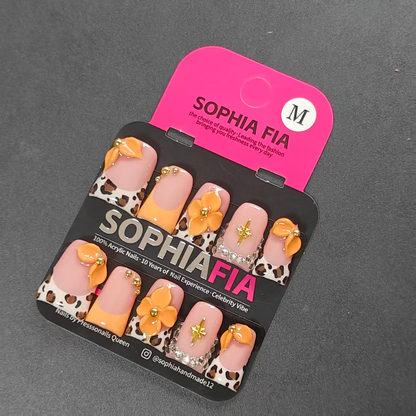 Sweet Cowgirl Press On Nails Medium Square Nude Base Leopard French Edge Caramel Orange Accent 3D Floral Gold Crystal Decor Reusable Acrylic Nails