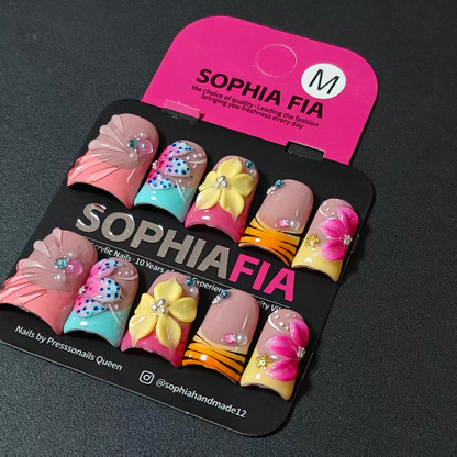 Tropical Multicolor 3D Flower Butterfly Shell Relief Short Square Hawaiian Press On Nails