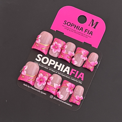 Short Square Press On Nails Nude Base Hot Pink 3D Carved Flower, Metallic Gold Wire Inlay Glitter Pink French Tip Oriental Chinese Style Handmade False Nails