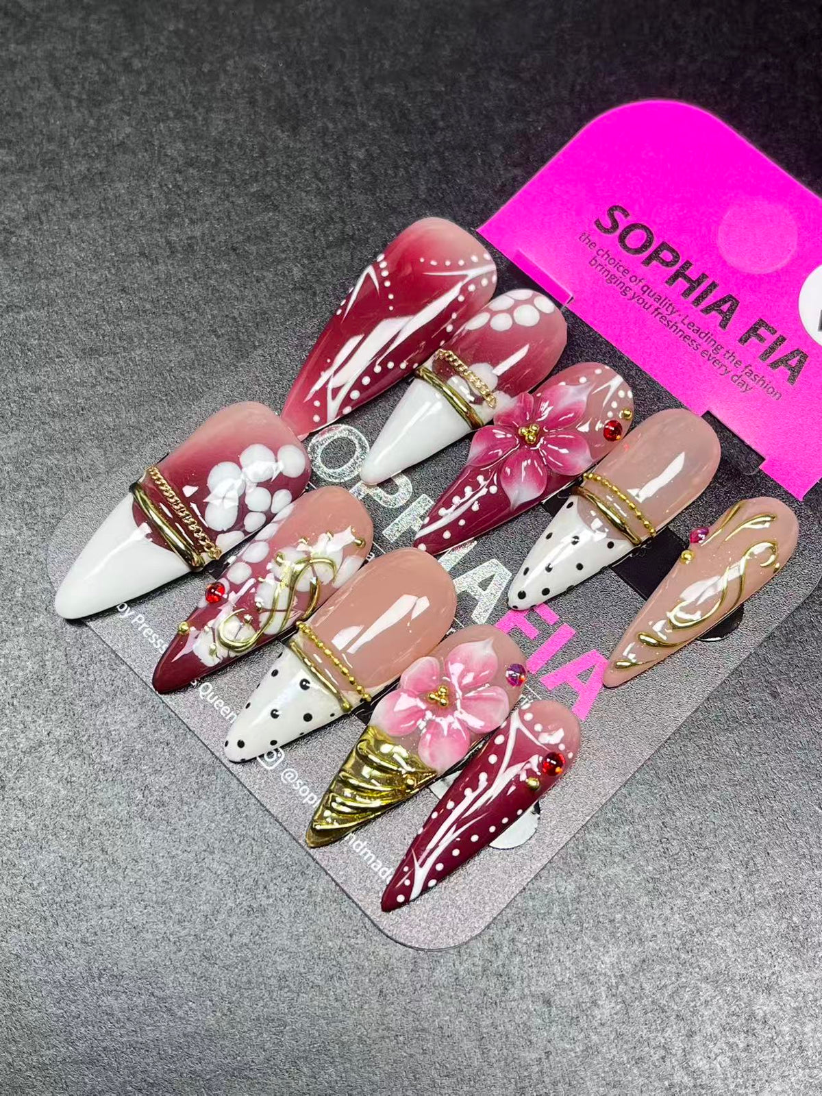 Romantic Burgundy Stiletto Press On Nails, Nude Base Red Gradient, 3D Pink Floral, White Petal Painting & Gold Chain False Nails, Handmade Custom Nails