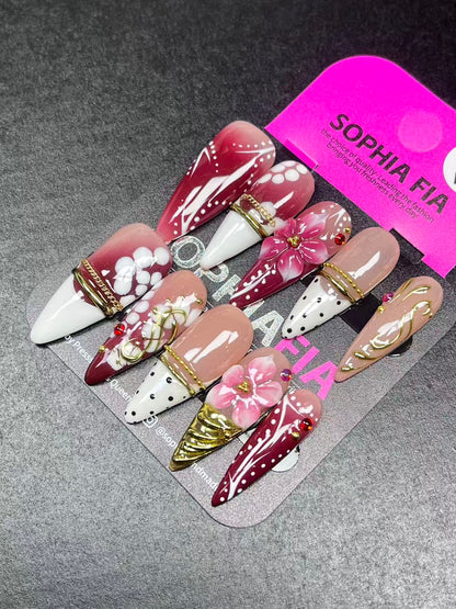 Romantic Burgundy Stiletto Press On Nails, Nude Base Red Gradient, 3D Pink Floral, White Petal Painting & Gold Chain False Nails, Handmade Custom Nails