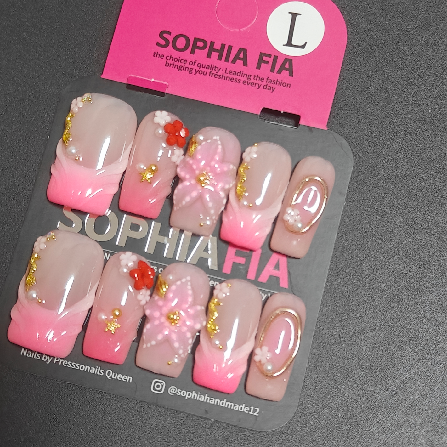 Soft Blush Ombre Press On Nails Long Square Shape Gradient Pink French Swirl Texture Sculpted 3D Flower Mini Red Blossom Pearl Gold Decor Reusable Acrylic Nail Tips