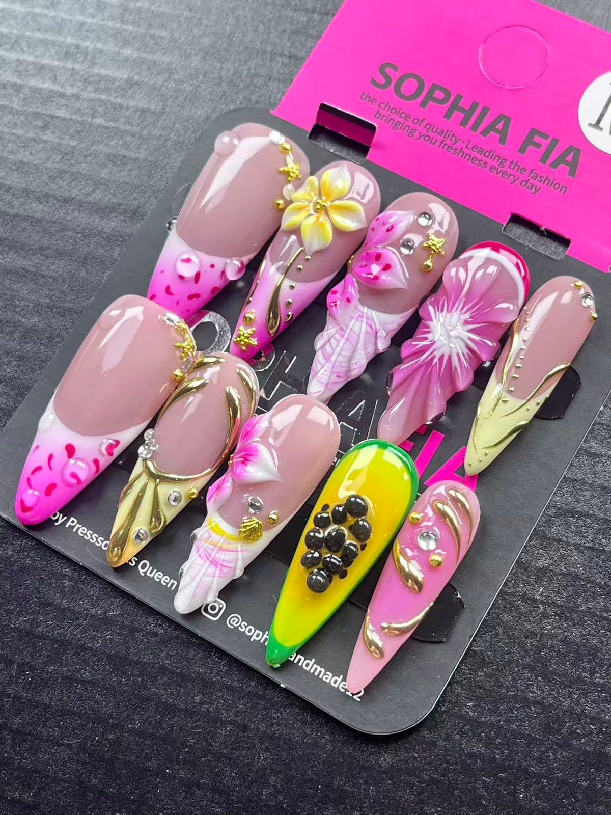 Summer Tropical Long Stiletto Press On Nails Nude Pink Ombre Tip, 3D Plumeria Flower, Gold Swirl Lines, Fruit Bead Accents Reusable Acrylic Nail Set