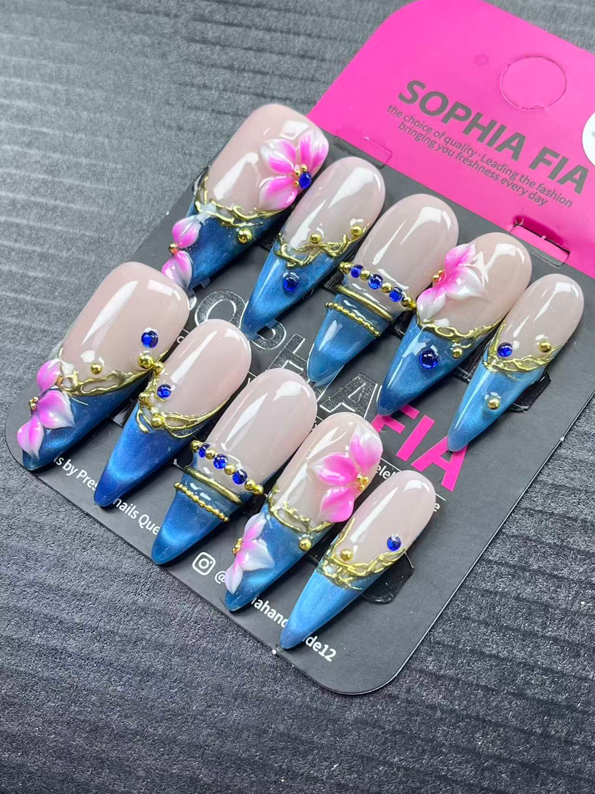 Elegant Mermaid Long Stiletto Press On Nails Nude Base Metallic Blue French Tip, 3D Pink Flower, Gold Vine Pattern, Blue Rhinestone Gold Bead Reusable Acrylic Nail Set