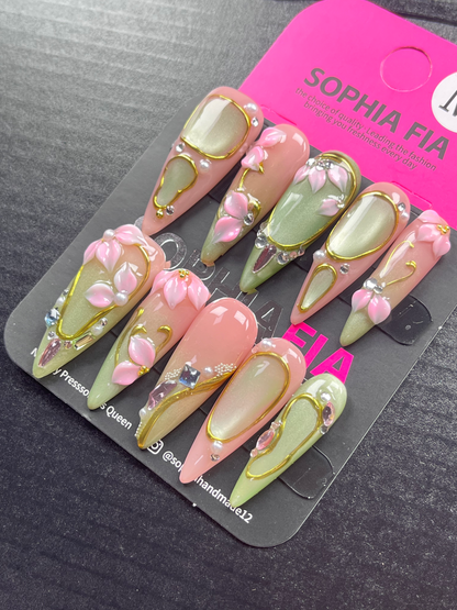 Stiletto Press On Nails Nude Base Sage‑Green Pink Palette, 3D Sculpted Pink Lotus Flower, Gold Metal Outline Lines, Rhinestone Crystal Pearl Charms Chinese Vintage Handmade False Nails