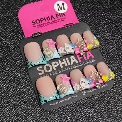 press on nails, handmade press on nails, kawaii nails, hello kitty nails, y2k nails, cartoon nails, 3d charm nails, medium square nails, cow print nails, reusable false nails, fake nails