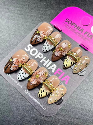 Handmade Press On Nails, Medium Almond, 3D Flower Brown Leopard Print Nails, Gold Metal Rhinestone Fake Nails, Western Fall Reusable Nail Set