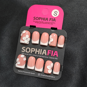 Press On Nails Short Square Korean Sweet Girl Daily Style - Peach Nude Pink Base Classic White French Tip, 3D White Flower with Tiny Rhinestone Center Acrylic Nail Tips