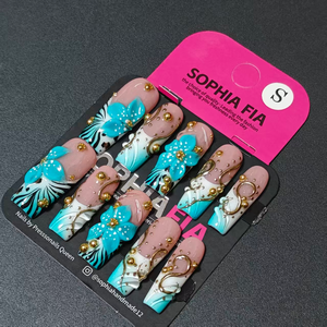 Luxury Tropical Long Square Press On Nails Milky Nude Pink Background Turquoise‑Blue White Ombre French 3D Turquoise Blue Floral White Dot Zebra Print Gold Swirl Metal Wire Gold Bead Stud Reusable Acrylic Nail Tips