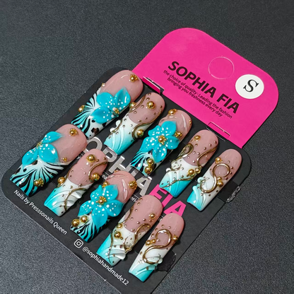 Luxury Tropical Long Square Press On Nails Milky Nude Pink Background Turquoise‑Blue White Ombre French 3D Turquoise Blue Floral White Dot Zebra Print Gold Swirl Metal Wire Gold Bead Stud Reusable Acrylic Nail Tips
