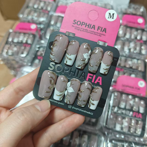Press On Nails Long Square Korean Minimal Luxury Style - Sheer Taupe Gray Shimmer Base White Curved French Tip, 3D Silver Gold Vine Lines, Mini White Flower & Tiny Clear Rhinestone Accent Acrylic Nail Tips