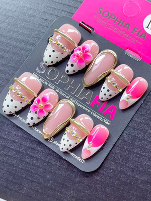 Cute Trendy Almond Press On Nails Nude Pink White Polka Dot Tip, 3D Pink Flower, Gold Metal Border Rhinestone Chain Reusable Acrylic Nail Set