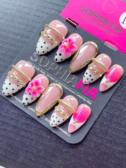 Cute Trendy Almond Press On Nails Nude Pink White Polka Dot Tip, 3D Pink Flower, Gold Metal Border Rhinestone Chain Reusable Acrylic Nail Set