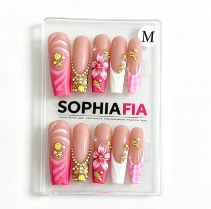 Soft Vacation Long Square Press On Nails Nude‑Pink Tone Hand‑Painted Flower Gold Starfish Pearl Rhinestone Women Beach Holiday Manicure