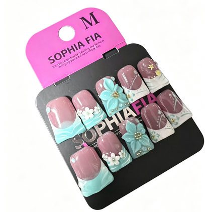 Mint Blue Wavy French 3D Flower Gold Starfish Short Square Fresh Ocean Press On Nails