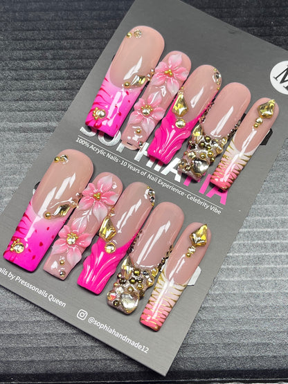 Long Square Press On Nails Nude Base Hot Pink Ombre Tip, 3D Sculpted Pink Flower with Gold Bead Stamens, Gold Rhinestone Cluster, Hand Painted Gold Line French, Luxury Handmade False Nails