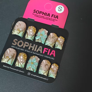 Press On Nails Short Square Chinese Vintage Elegant Style - Nude Base Mint Green Gradient Wavy French, 3D Turquoise Flower, Curved Gold Metal Lines, Pearl & Gold Glitter Flake Accent Acrylic Nail Tips