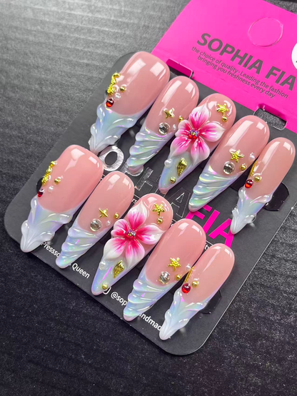 Press On Nails Long Stiletto Romantic Mermaid Aesthetic - Nude Pink Base Iridescent Aurora Fish Tail Gradient, 3D Hand Carved Sakura Flower, Gold Star Metal Charms, Pearls & Multicolor Rhinestone Accent Acrylic Nail Tips