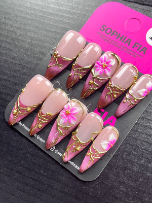 Press On Nails Long Stiletto Chinese Romantic Aesthetic - Nude Pink Base Magenta Gradient Glitter Tip, 3D Hand Carved Peach Blossom Flower, Gold Metal Vine Branch Lines, Tiny Gold Ball Ornaments Acrylic Nail Tips