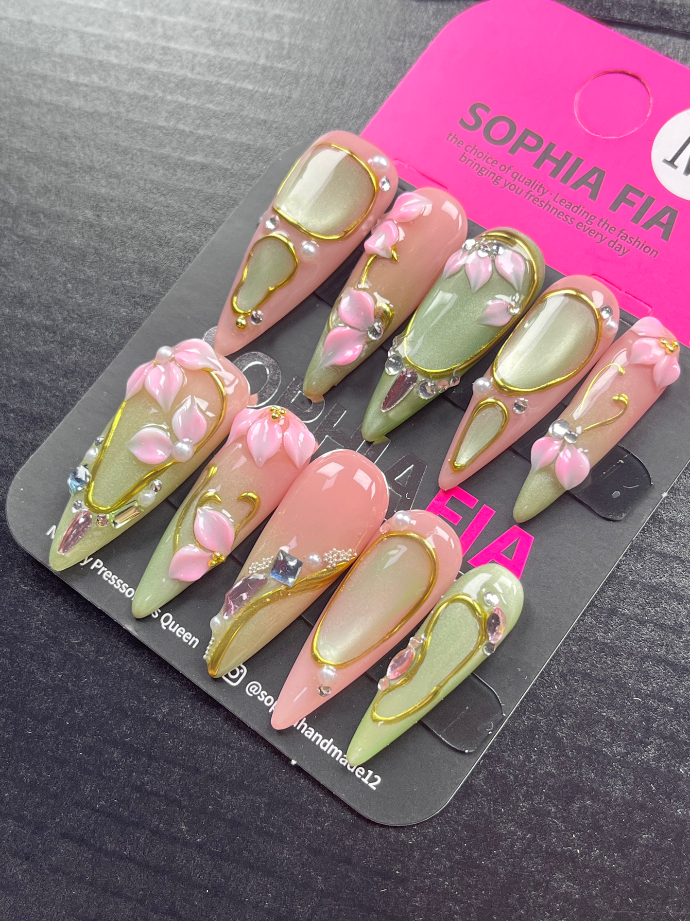 Press On Nails Extra Long Stiletto Oriental Zen Aesthetic - Nude Pink & Pale Green Cat Eye Dual Tone, Gold Wire Outline Frame, 3D Hand Sculpted Lotus Flower, Pearls & Multi-Shape Rhinestone Accent Acrylic Nail Tips