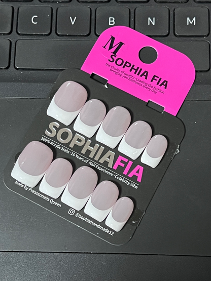 Press On Nails Short Round Classic French Style - Sheer Dusty Gray Nude Base Clean Solid White French Tip Minimal Plain Acrylic Nail Tips