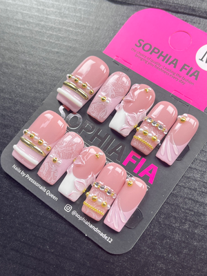Press On Nails Long Square Balletcore Soft Elegant Style - Sheer Baby Pink Nude Base Mixed White French Tip, Vintage Lace Print, 3D Sculpted Petals, Pearl Beads, Gold Chains & Clear Rhinestone Accent Acrylic Nail Tips