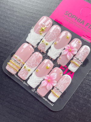 Press On Nails Long Square Coquette Balletcore Romantic Style - Sheer Nude Pink Base White French Tip, Vintage Lace Print, 3D Gradient Pink Flower Sculpture, Star Studs, Pearls, Gold Chains & Clear Rhinestone Acrylic Nail Tips