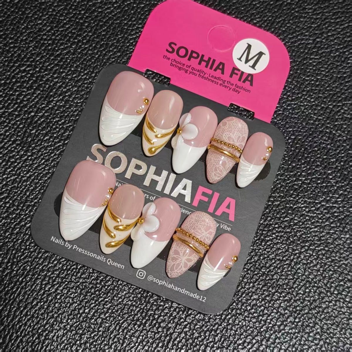 Almond Press On Nails Nude Pink Base White French Tip, 3D White Flower, Hand Painted Gold Swirl Lines, Lace Print & Gold Bead Chain, Elegant Wedding Handmade False Nails