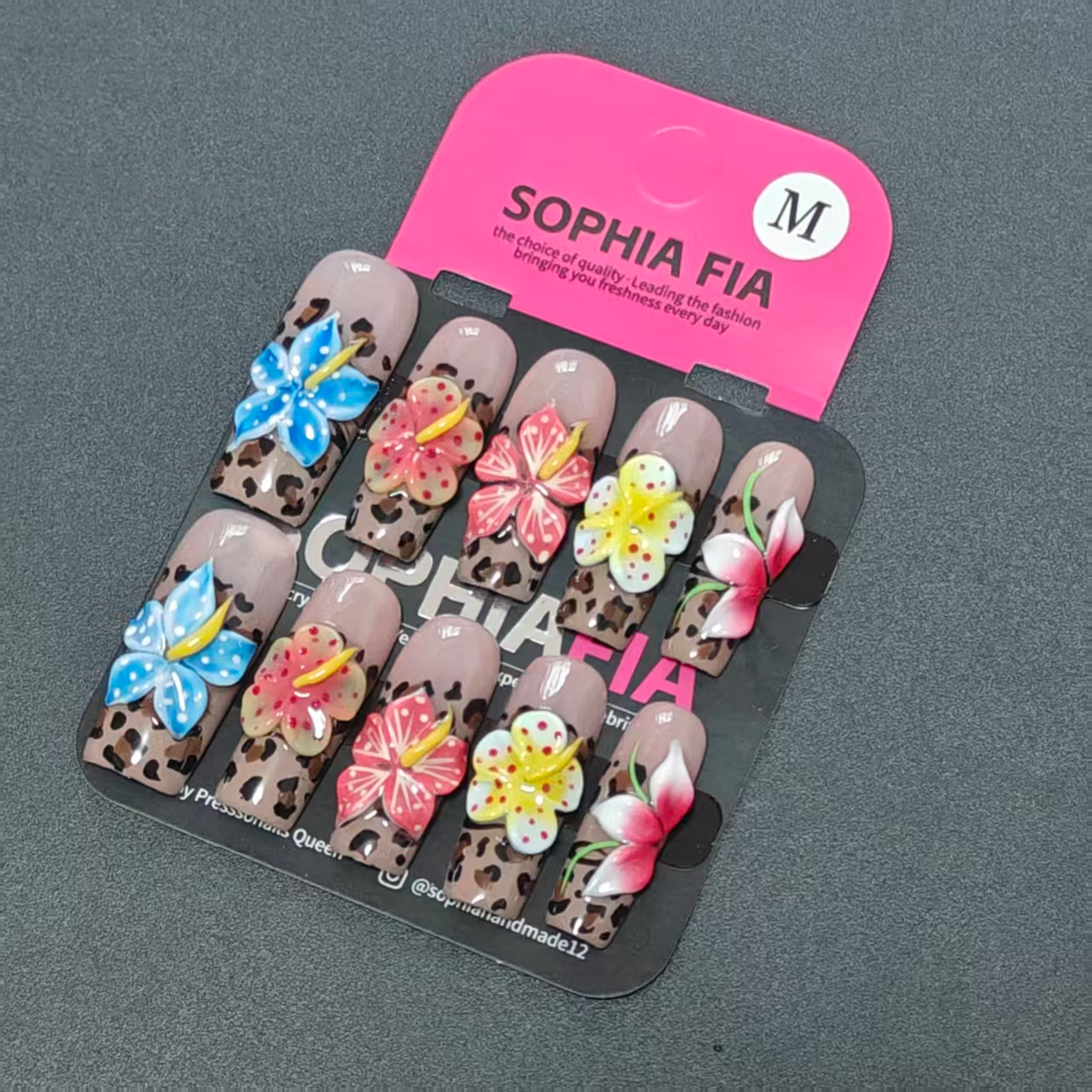 Medium Square Press On Nails Nude Base Classic Leopard Print Background, 3D Hand‑Sculpted Multicolor Plumeria Flowers, Blue Pink Red Yellow White Petals Tropical Bohemian Retro Handmade False Nails