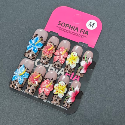 Medium Square Press On Nails Nude Base Classic Leopard Print Background, 3D Hand‑Sculpted Multicolor Plumeria Flowers, Blue Pink Red Yellow White Petals Tropical Bohemian Retro Handmade False Nails