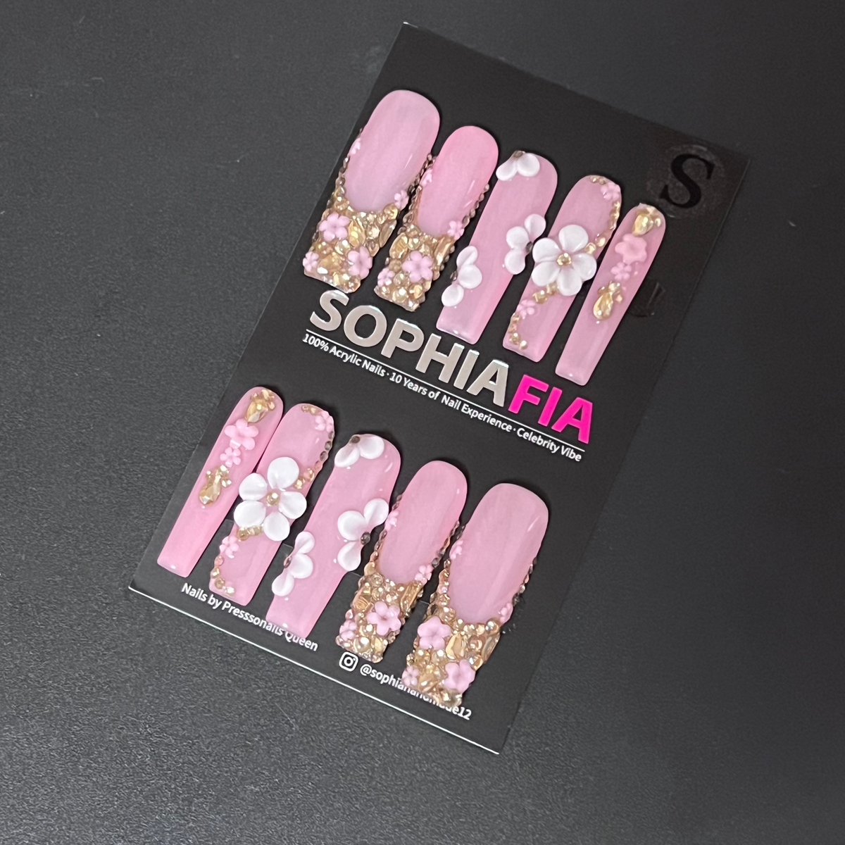 Long Square Press On Nails Soft Pink Base 3D Sculpted White & Pink Flowers, Gold Crushed Diamond Foil French Tip, Gold Teardrop Metal Charms Sweet Girly Handmade Luxury False Nails