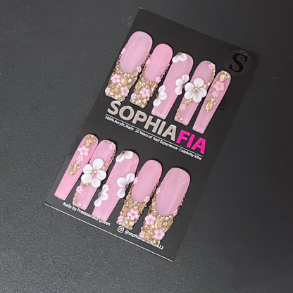 Long Square Press On Nails Soft Pink Base 3D Sculpted White & Pink Flowers, Gold Crushed Diamond Foil French Tip, Gold Teardrop Metal Charms Sweet Girly Handmade Luxury False Nails