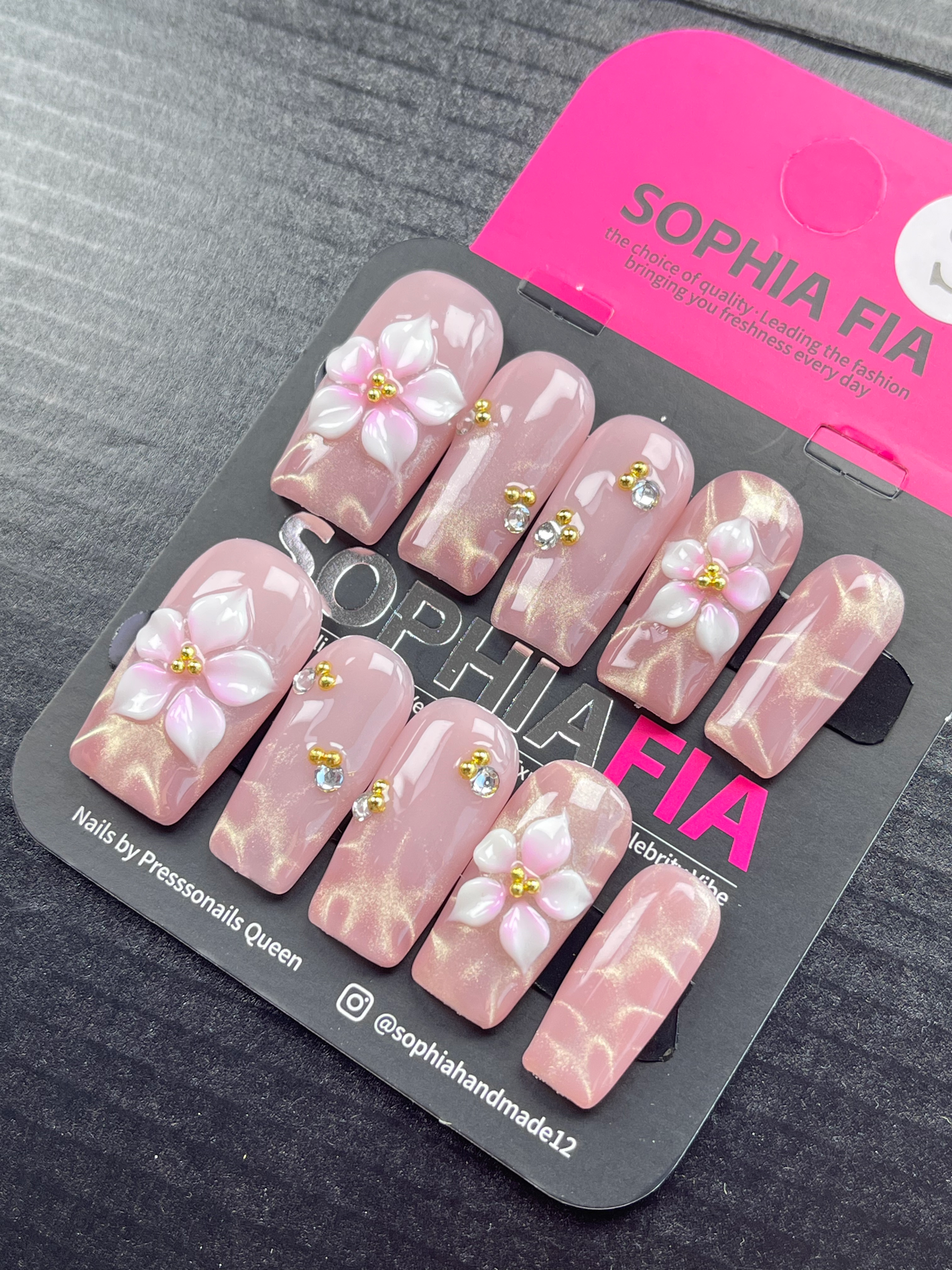 Soft Nude Pink Magnetic Cat Eye Press On Nails Medium Long Square Shape Iridescent Gold Swirl Texture 3D Floral Crystal Gold Stud Accents Reusable Acrylic Nails